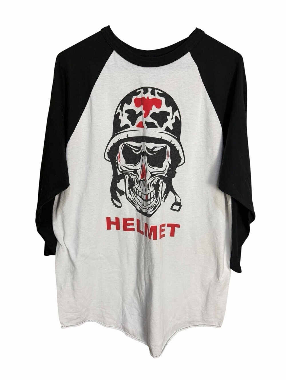 Y2K Heavy Metal Skull Helmet Camo Raglan T Shirt 2XL 3/4 Sleeve Biker Thrashed